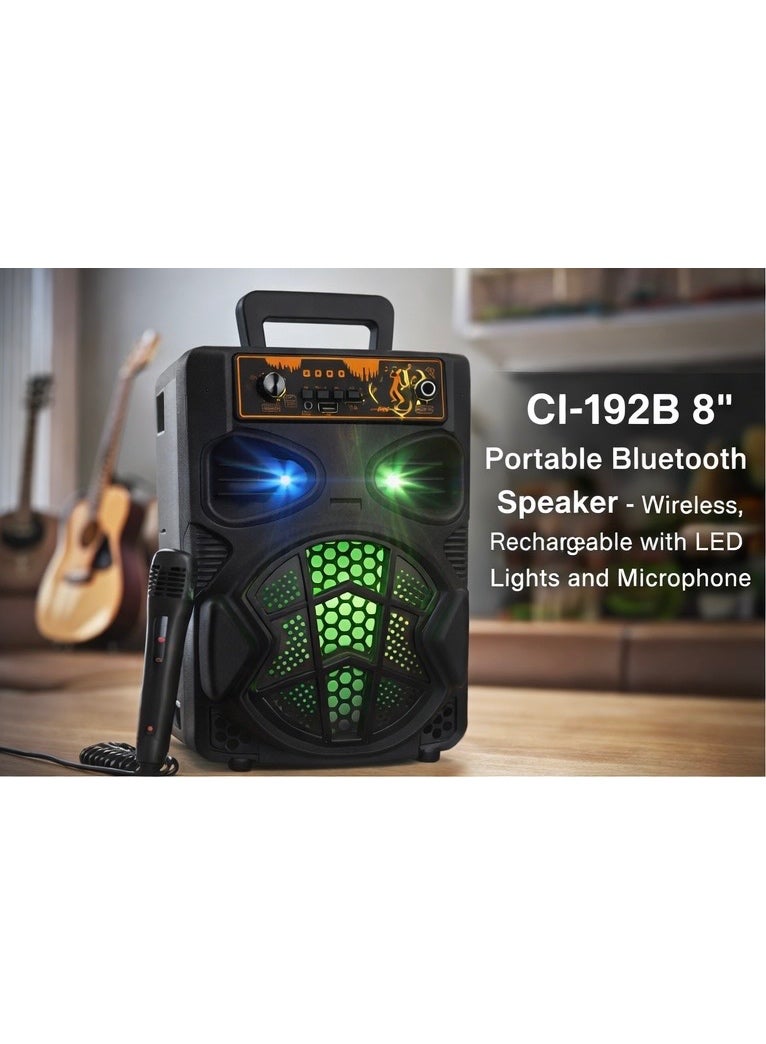 مكبر صوت بلوتوث محمول CI-192B مقاس 8 إنش مع ميكروفون لاسلكي – إضاءة LED، يدعم USB/TF/AUX/FM، بطارية قابلة للشحن، مثالي للحفلات والكاريوكي - Image 2